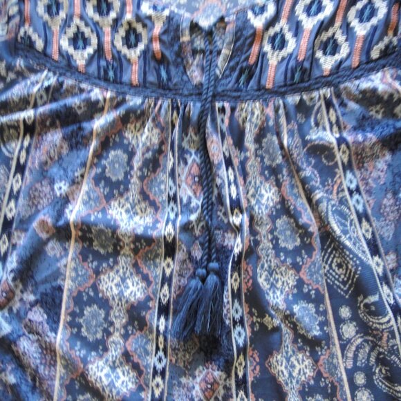 Style & Co Peasant Top  PM 3/4 Sleeve Tassel Tie Blue Coral Shirt Boho Blouse - Picture 5 of 9